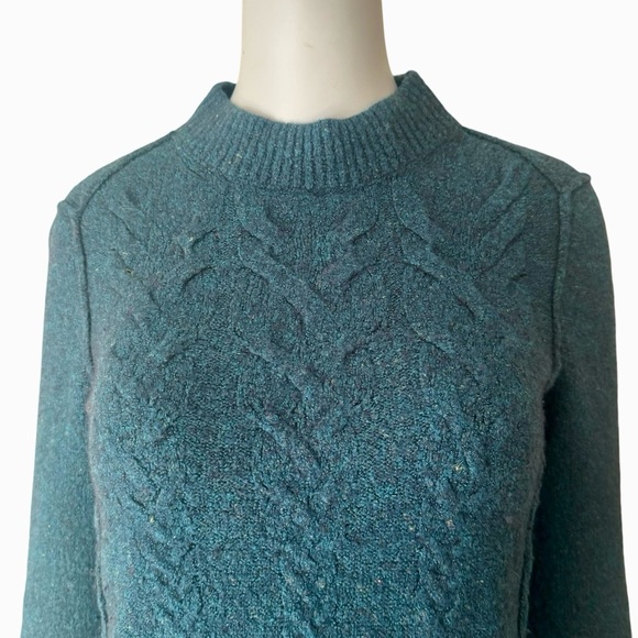 FREE PEOPLE Teal Blue Cable Knit Sweater Mock Neck Wool Blend Soft Size S - Picture 7 of 16